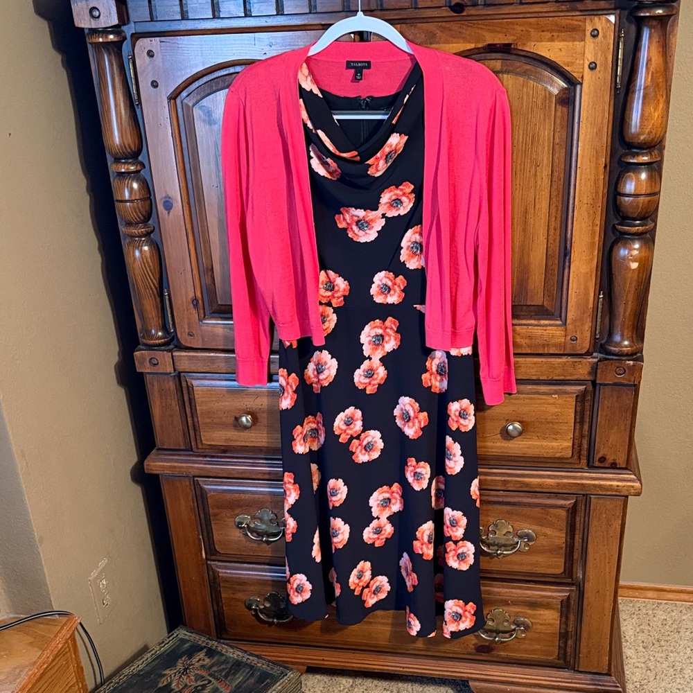 Talbots Black Floral Midi Dress with Coral Pink Cardigan